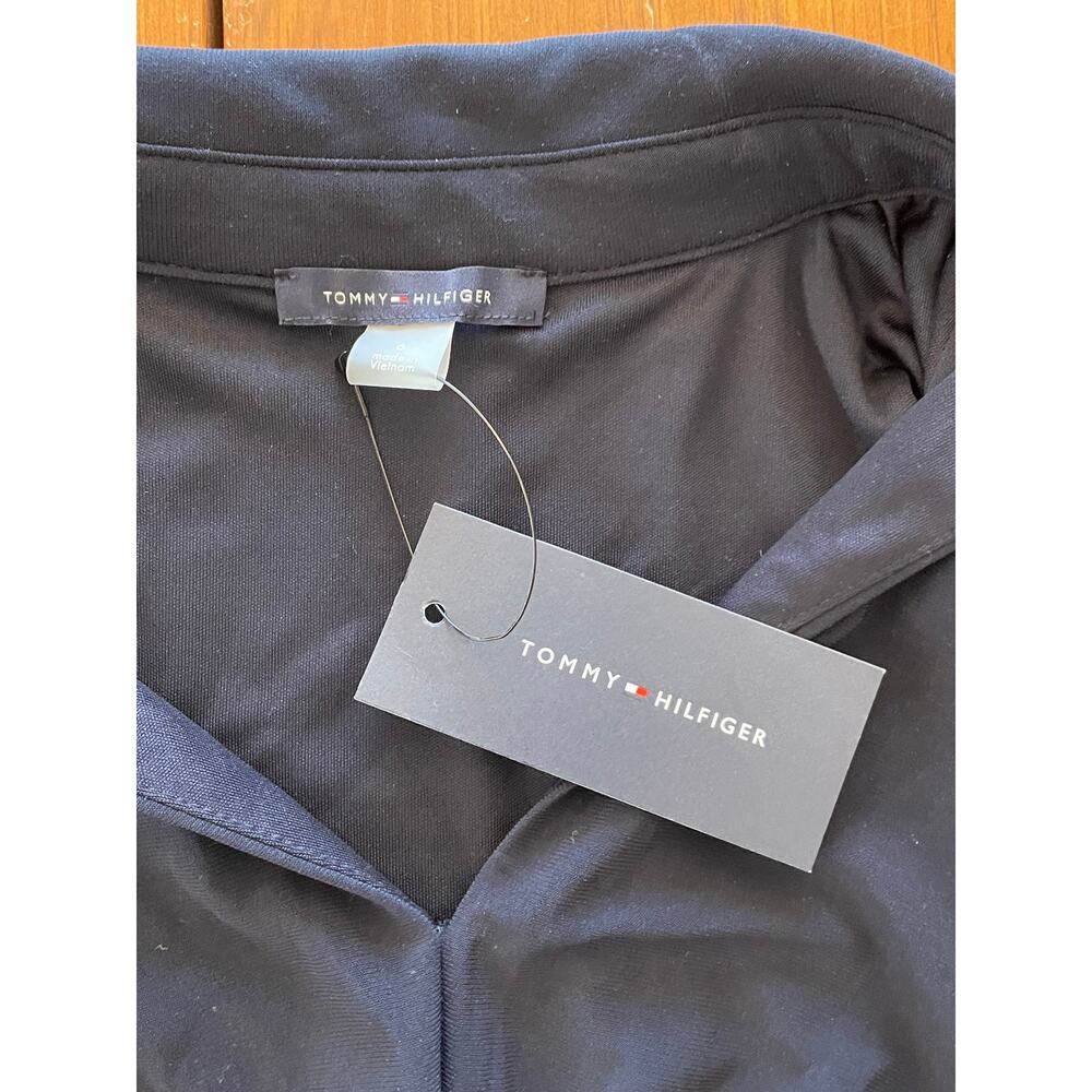 NWT Tommy Hilfiger Dress Sz 6 Collared TwistFront Midi Formal Black Navy Stretch - Picture 3 of 9